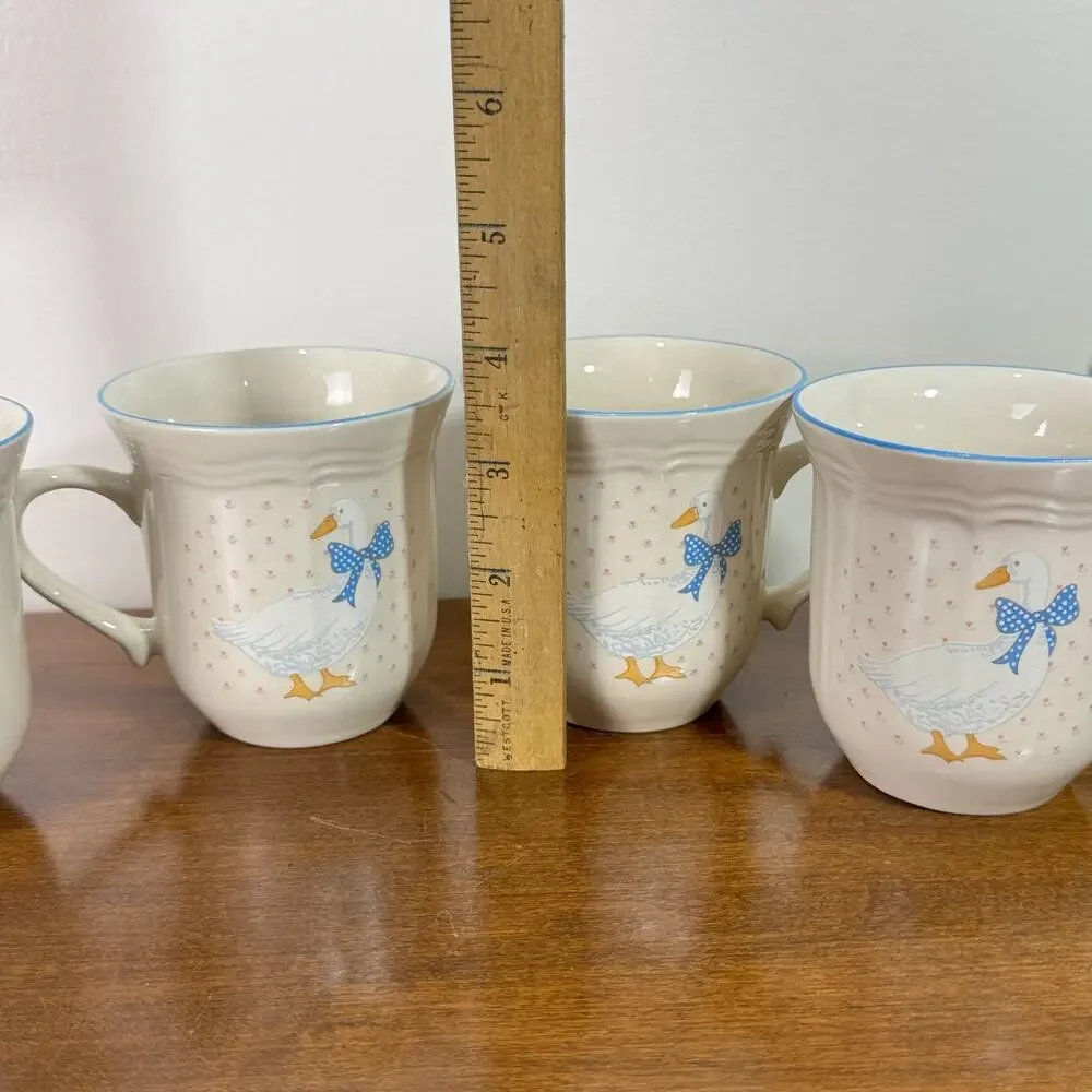 Vintage Aunt Rhody Goose Mugs Brick Oven Stoneware Blue Bow Cottage Core